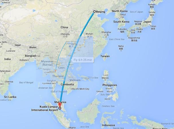 【航线图】    【最新消息】马来西亚航空公司称,mh370航班于北京图片