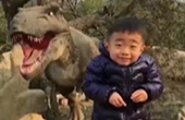 与恐龙合影的小男孩 强颜欢笑